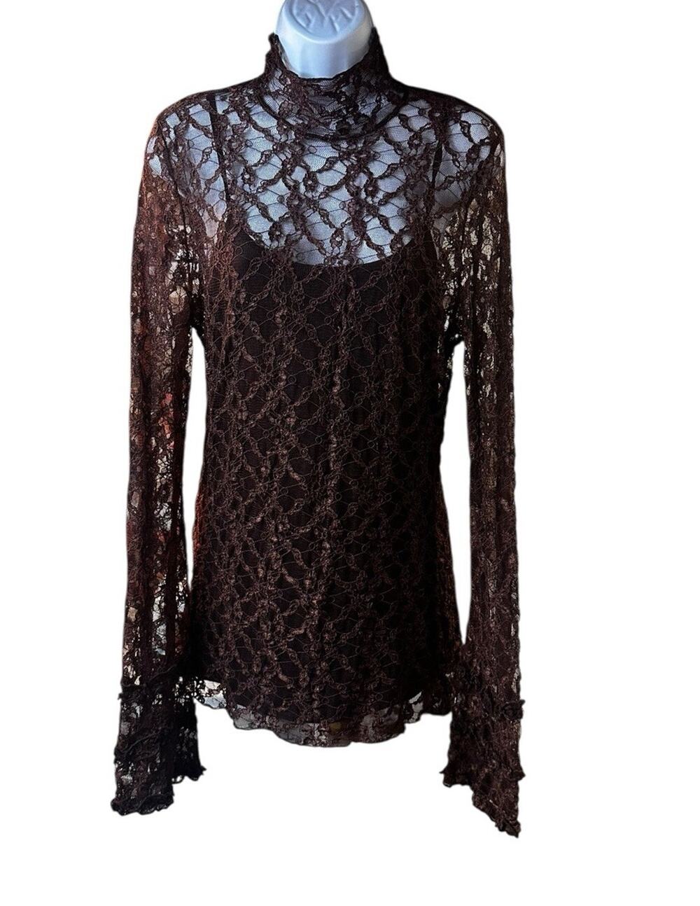 Vtg Georgiou Studio Brown Lace Sheer Mock Neck Top Long Sleeve Witchy Goth READ